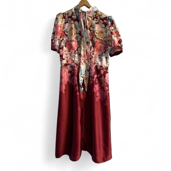 Julia Jordan Womens 10 Satin Romantic Floral Red Modest Cocktail Midi Dress - Picture 3 of 6